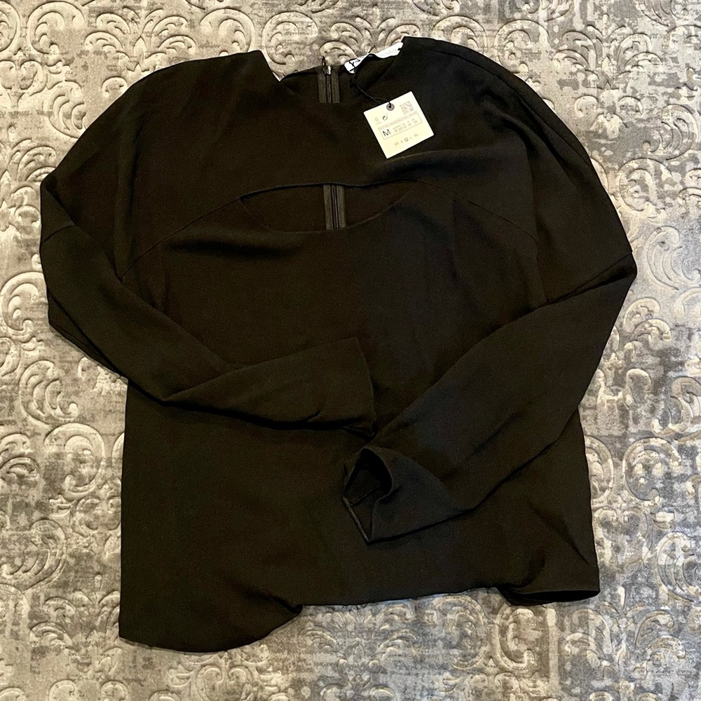 🌸 Zara black long sleeve cut-out blouse zipper